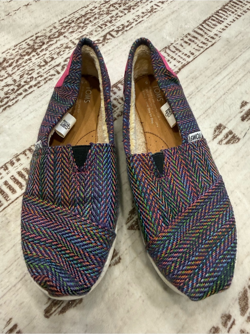 Toms Multicolor Herringbone Slip-On Flats with Pink Heel Tab